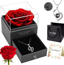 Combo Amor Eterno - Caixinha Premium com Rosa Real + Colar Projeção 100 Idiomas "Eu Te Amo"